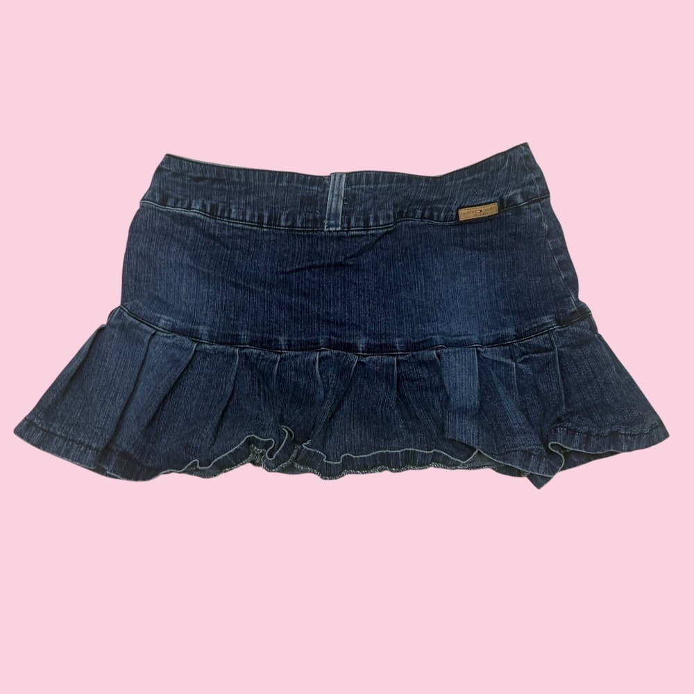Tommy Jeans Women Dark Wash Low Rise Pleated Ruffle Denim Mini Skirt Size 9
